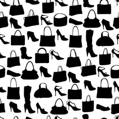 Seamless pattern with womans bags and shoes.  Endless texture for your design, announcements, advertisement, posters.