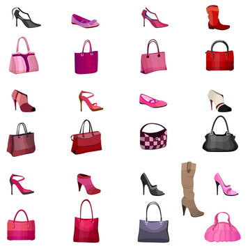 Set with womans bags and shoes isolated on white background.  Objects for your design, announcements, advertisement, posters.