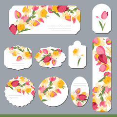 Fototapeta na wymiar Collection with different floral paper labels for announcements. Round,square,rectangular, different shapes. Red,yellow and pink flowers. Tulips and daffodils