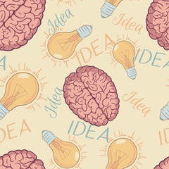 Cartoon style layered vector illustration - cute seamless pattern with happy Light Bulb Idea and brain.