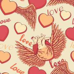 Cartoon style layered vector illustration - cute seamless pattern with winged love and naturalistic heart.