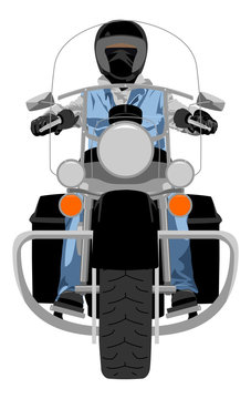 Heavy chopper motorcycle with rider wearing helmet, jeans sleeveless jacket, hoodie and pants front view isolated on white vector illustration