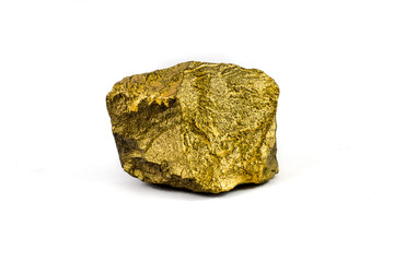 Golden, painted stone on white background