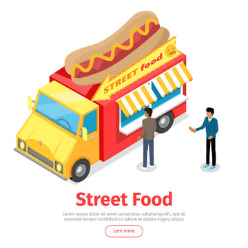Fast Food Truck Isometric Projection Style. People