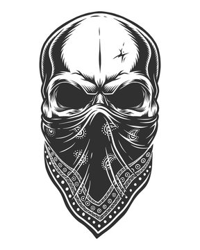 Illustration of skull in bandana on face. Monochrome line work. Isolated on white background