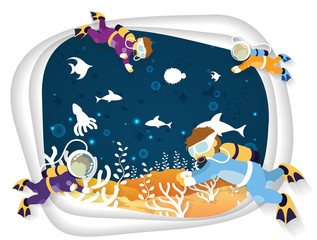 Naklejka premium Scuba diver man swimming underwater in sun rays. paper cut