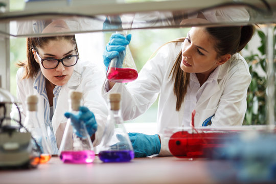 Two dedicated female lab scientists meticulously work together, focusing on chemical research and experiments, advancing scientific knowledge.