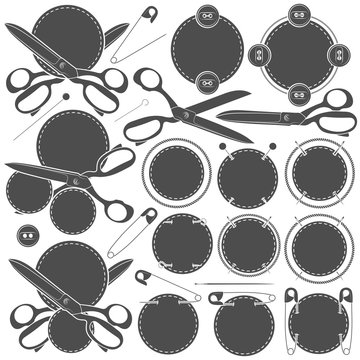 Set of vector signs with sewing accessories. Isolated objects on a white background. 