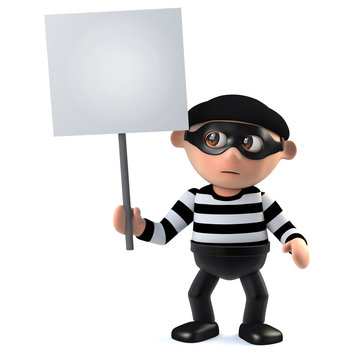 3d Funny cartoon criminal burglar character holding a placard