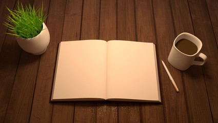Wooden table with notebook, pen, coffee and flowerpot.