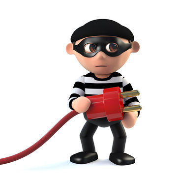 3d Funny cartoon criminal burglar character holding a power lead