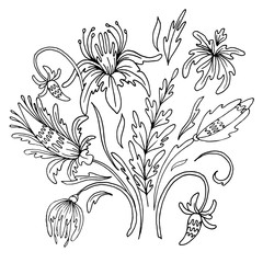 Vintage style vector flowers. Hand drawn floral illustration with flowers and leaves. Botanical illustration