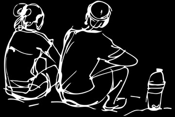 vector sketch of man and woman sitting on the shore