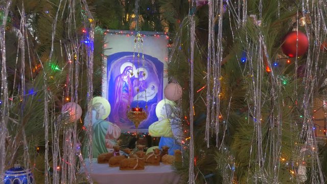 an Old Icon of Saint Mary Placed in Fir Tree, Installed in an Old Orthodox Cathedral on the Eve of New Year`s Day in Kiev