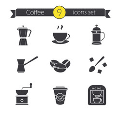 Coffee silhouette icons set