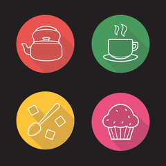 Tea flat linear long shadow icons set