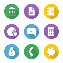 Banking and finance flat design long shadow icons set