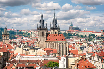 Fototapeta na wymiar Aerial view to Prague old town with Tyn church and St. Vitus cathedral
