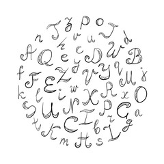 Hand Drawn Doodle Font. Children Drawings of Black Scribble Alphabet Arranged in a Circle. Vector Illustration.
