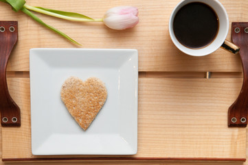 Romantic breakfast in bed concept. Overhead view