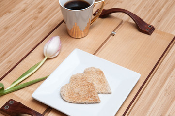 Romantic breakfast in bed concept. Overhead view