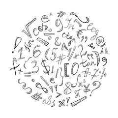 Black Hand Drawn Doodle Symbols and Numbers. Scribble Signs Arranged in a Circle. Vector Illustration.