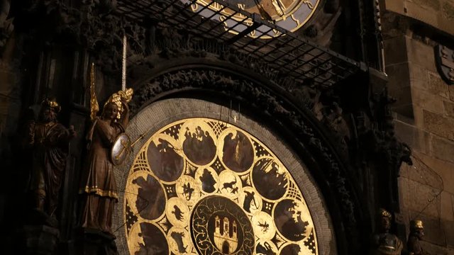 Famous Prague orloj by night of Czech Republic slow tilt 4K 3840X2160 UHD footage - Tilting on complex structure of astronomical clock in Czechia capital 2160p UltraHD video 