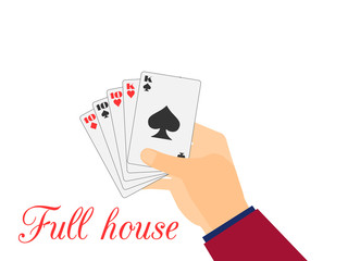Hand with playing cards. Full House Tens and Kings. Vector illustration