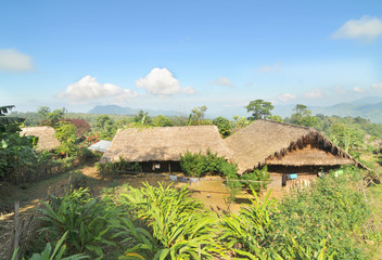 Fototapeta na wymiar View of the Shangnyu village of the head hunters Konyak tribe in the Indian Nagaland state 