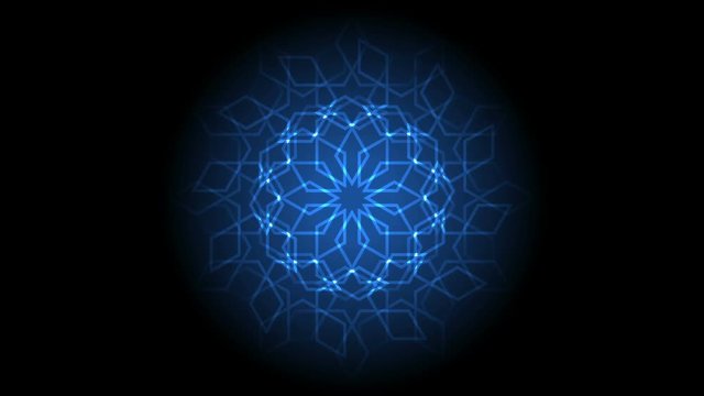 Abstract light background. Animation of glowing laser geometric islamic pattern