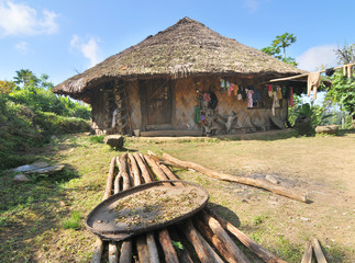 View of the Shangnyu village traditional hut  of the head hunters Konyak  tribe in the Indian Nagaland state
 - obrazy, fototapety, plakaty