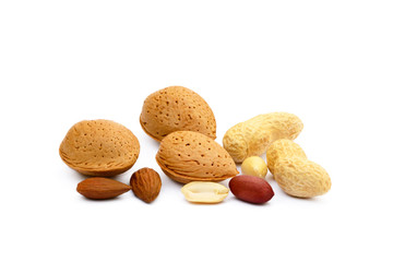 Almonds and peanuts isolated on white background