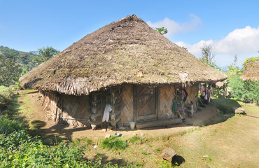 Fototapeta na wymiar View of the Shangnyu village traditional hut of the head hunters Konyak tribe in the Indian Nagaland state 