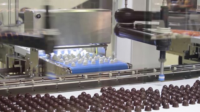 Picker line for chocolate bears, cookies, candies. Close up working process of transporter equipment