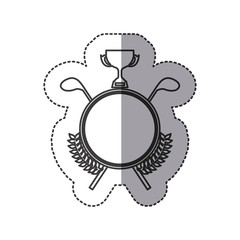 middle shadow sticker monochrome with olive branchs with golf sticks and trophy vector illustration