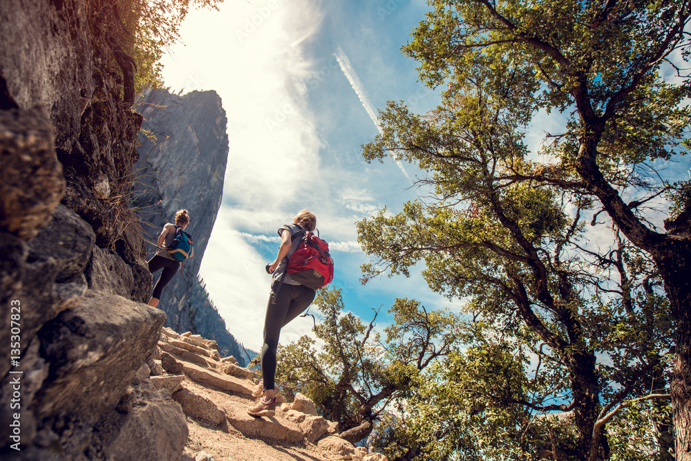 Poster two lady hiker on the walkway at the yosemite national park, usa