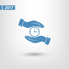 Clock icon on hand icon, vector illustration. Flat design style