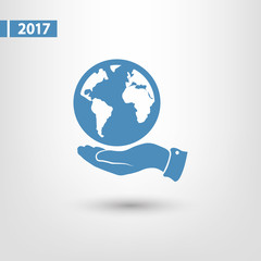 Globe icon with hand, vector illustration. Flat design style