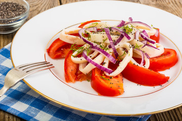 Salad with seafood, fresh vegetables and chia seeds
