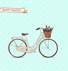 the hand drawn vector bike icon with basket for flowers. the bouquet of roses.  the vector icon for illustration of funny journey and romantic trips. the cycling is a part of healthy life
