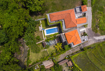 Aerial view of the houses with tropical gardens and pools