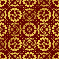 Seamless Golden Chinese Background Cross Spiral Round Flower Kaleidoscope