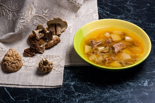 Composition with mushroom soup in green plate, dried wild mushro