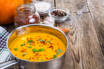 Dishes from pumpkin with saffron and basil