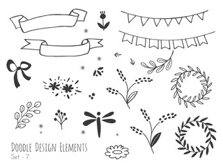 Collection of hand drawn doodle design elements isolated on white background. Set of handdrawn dragonfly, borders, laurel wreath, floral dividers, bunting flags. Sketched shapes. Vector illustration.