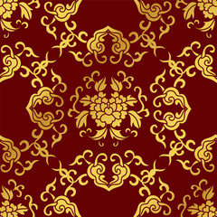 Seamless Golden Chinese Background Spiral Curve Cross Flower Leaf