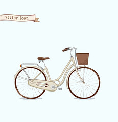 the hand drawn vector bike icon with basket for flowers.  the vector icon for illustration of funny journey and romantic trips. the cycling is a part of healthy life