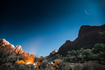 Starry sky and mountains of the Zion National Park, USA