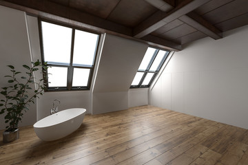 Large attic bathroom with minimalist decor