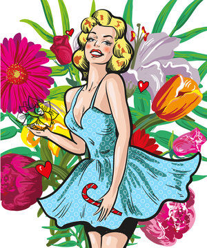 Vintage style young lady with flowers vector art
